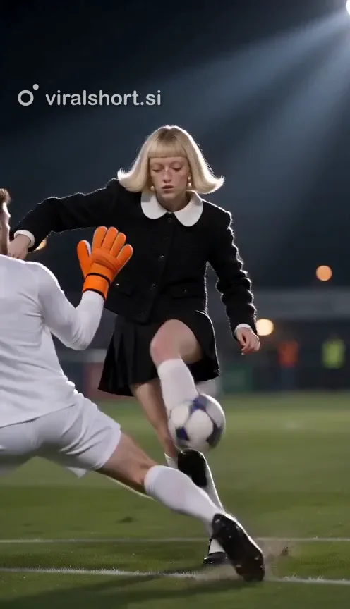 The keeper dives. One soft touch lifts it over him.