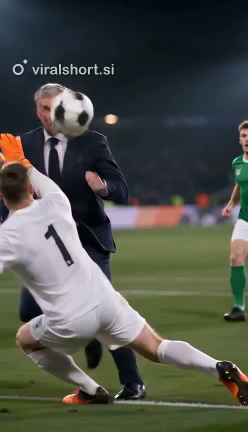 An AI-made man in a dark suit and tie chests the ball as the keeper dives at his feet