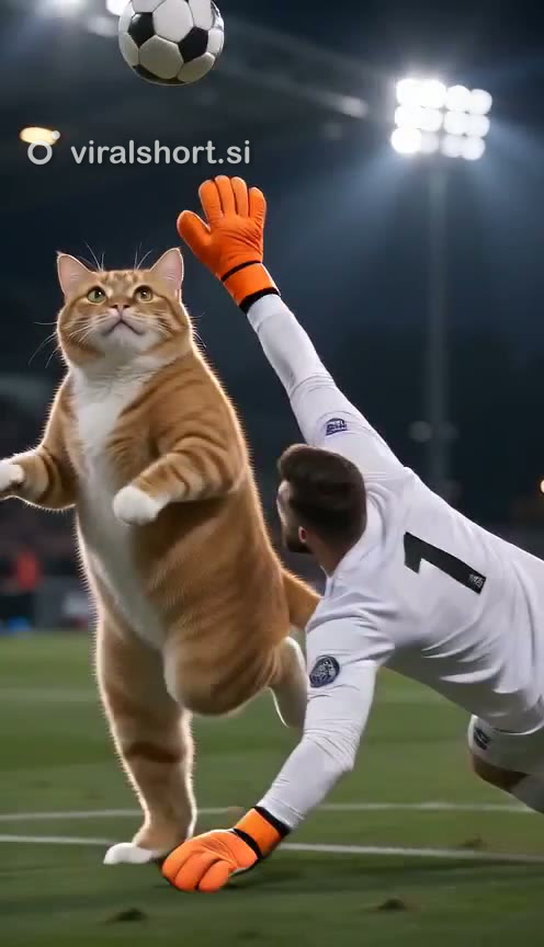 An AI-made ginger cat on its back legs chests the ball as the keeper dives