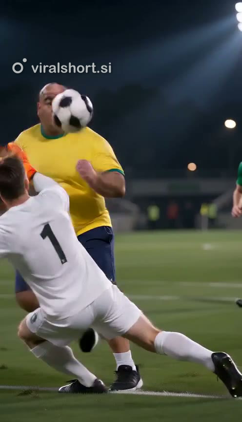 An AI-made man in a yellow T-shirt chests the ball past the diving keeper