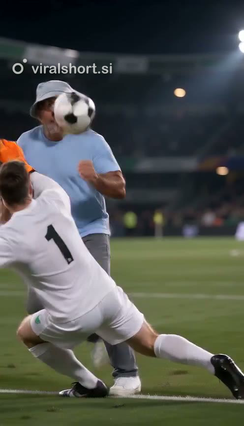 An AI-made man in a bucket hat and light-blue T-shirt chests the ball past the diving keeper